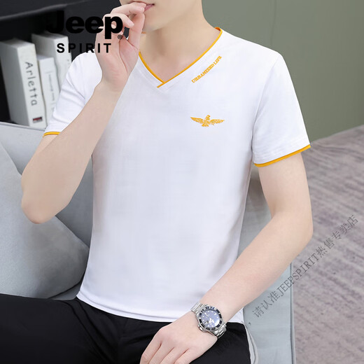 Jeep Spirit High Quality Thin Blanc Men pour hommes V pour hommes en V Corme courte à manches courtes Shirt Base Youth Top Summer Nouveau coton pur T-shirt noir Q694 Garde courte 3xl