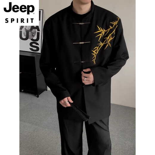 Jeep Spirit Neues chinesisches Männer Engagement Kleidung Set chinesischer Stand Halsband Zhongshan Kleidung Gold Bambus Sticker Jungenanzug Goldener Bambus schwarzer Anzug 3xl