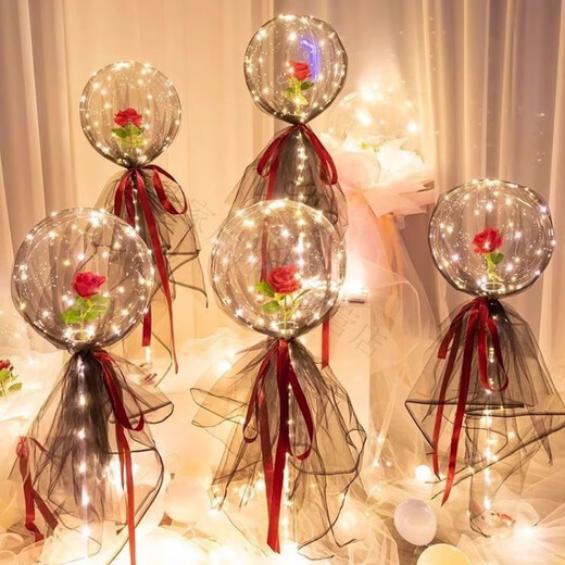 Magic Bean Shenghuo Chinese Valentine's Day internet celebrity rose balloon luminous balloon proposal indoor scene layout Bobo ball birthday confession romantic pink rose petals with gauze style 5 sets free pump + battery