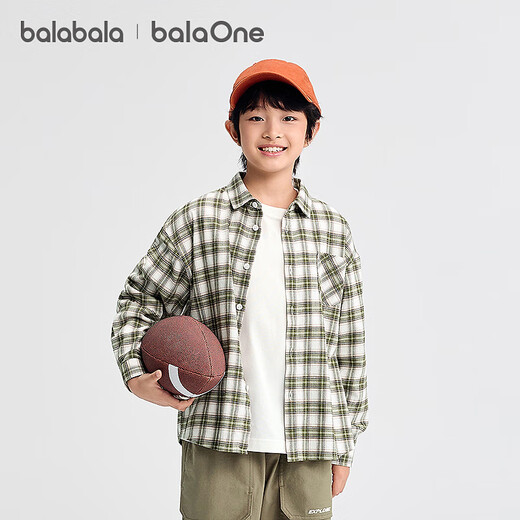 Balabala children's clothing children's shirt boys and girls autumn lapel plaid shirt parent-child college style top trend white green tone 00314 140