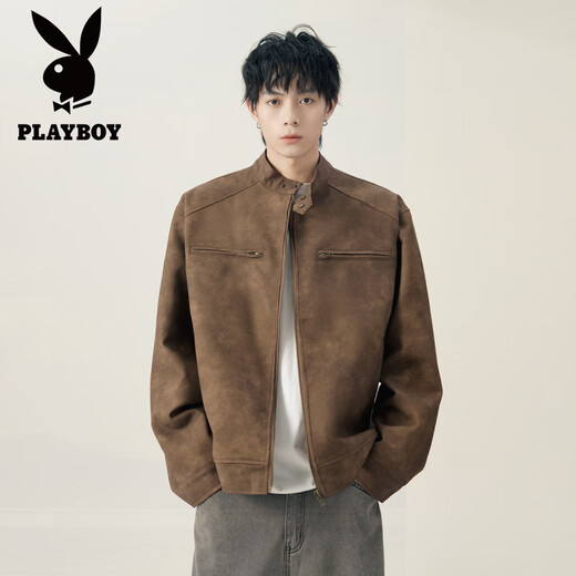 Playboy Maillard American brown PU leather jacket men's cleanfi flight jacket cotton motorcycle couple baseball uniform 5713-brown jacket XL recommended 125-145Jin Jin equals 0.5 kg