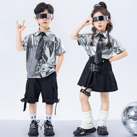 Poresno children's technology sense catwalk costumes June 1st street dance trendy costumes girls jazz dance boys future drumming costumes Short sleeves: A694 silver bright leather top + B317 black 3 110cm single size