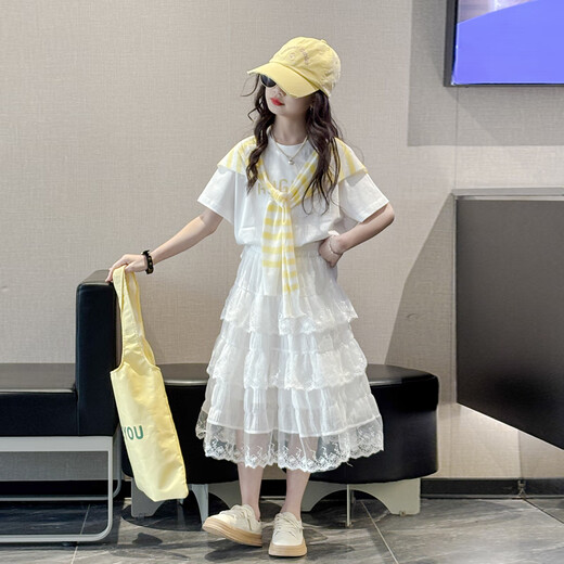 Mokitoul Girls Suit à manches courtes Summer 2025 Nouvelle fille à la mode Big Child's Jirt Children's Summer Jirt Twipt Blue T (emballage de boîte à cadeau haut de gamme) 40 cm2 1