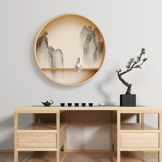 Shangjin Meishe New Chinese style entrance decorative painting tea room Zen solid wood round hanging painting living room corridor landscape painting ink painting J style - Jingyouxinsheng version diameter 60cm