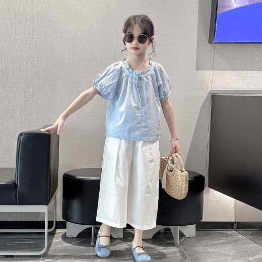 MOKITOUL女童夏套装2025新款女大童夏季洋气衬衫女孩七分裤夏装短袖娃娃衫 米色裤子（高端礼盒包装） 40 cm2 1