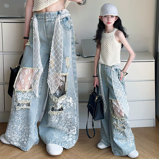 Korean version of lace ripped jeans summer girls suit medium-sized children hollow vest suit 2025 new pants [pants] lace ripped jeans 150 cm