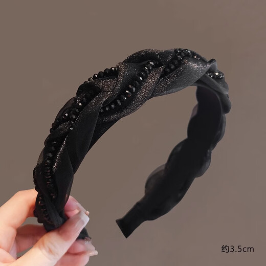 Idel's temperament wide-brimmed braided rhinestone headband with high skull, fashionable and versatile internet celebrity hair accessory for face washing and attendance, hair bundle F3291 temperament black rhinestone braided headband