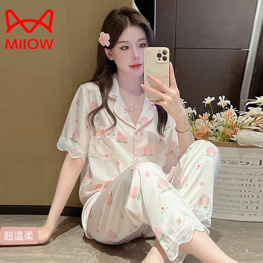 
Cat Man (MiiOW) pajamas for women in summer ice-sensing short-sleeved thin style for summer can wear small girls sweet silk home clothes suit 9201 2XL (140-160Jin [Jin equals 0.5 kg])