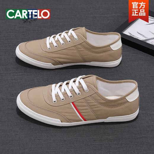 卡帝乐鳄鱼（CARTELO）帆布鞋男春季新款百搭系带低帮透气轻便软底男士休闲板鞋小白鞋男 米白 9272系带 38