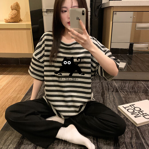 红豆睡衣女2025新款夏季短袖长裤纯棉初中学生女孩大童可爱家居服 6625-桃心小熊--短袖长裤-HZM L 女 ( 高158-162， 95-115斤)