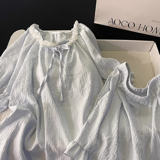 Also, pajamas with chest pads for women, short-sleeved thin style, can be worn outside 2025 new high-end simple solid color home clothing set HY682LA light blue XL