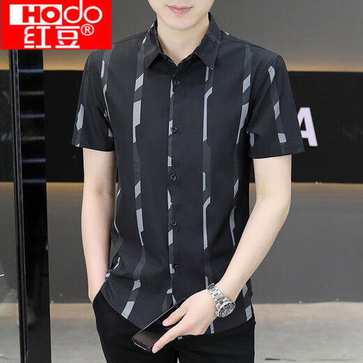Rote Bohne (Hodo) Kurzärärmungshemd Herren Sommereis Ice Seide Cool Feel Free to Iron Tops hübsche anti-köpfige High-End-Elastizität Striped Trendy Shirt FJL7125 ++ Khaki M [95-110jin [Jin gleich 0,5 kg]]