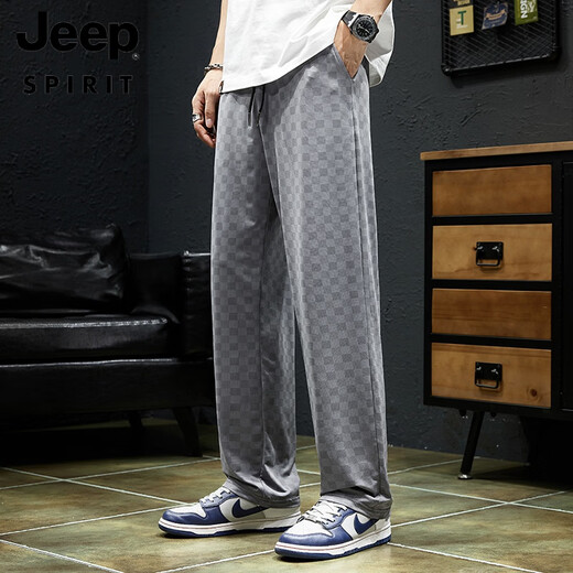 Брюки для шахматистики Jeep Spirit Men's Summer's Summer Style 2025 Новый ледяной шелк спорт быстро сушащий широко ногу с прямыми ногами.