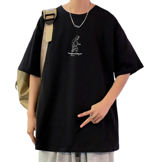 美罗邦（Meloban）纯棉短袖男潮牌潮流休闲宽松圆领t恤男生青少年夏季新款百搭体恤 3892黑色 XL 约140-160斤可穿