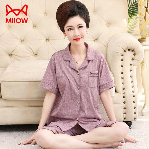 Cat Man (Miiow) Pyjamas für Frauen im Sommer kurzärmeligte Baumwoll-Strickjacke Revers Cropped Hosen mittleren Alters und ältere Mütter Hauskleidung löste große NX9871 L Frauen