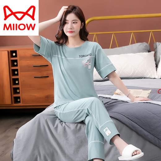 猫人（MiiOW）睡衣女夏季纯棉2025年新款短袖长裤家居服套装可外穿薄款全棉套装 7374豆绿 M 80-100斤