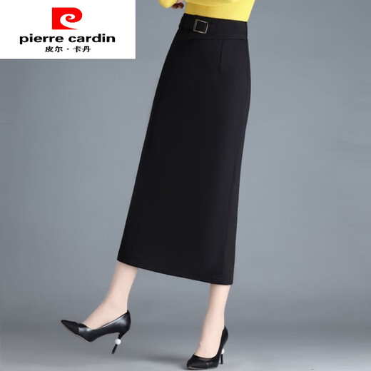 Pierre Cardin (pierre cardin) skirt women's hip skirt autumn and winter new high-waisted slim mid-length straight thickened slit one-step skirt long skirt black winter style plus velvet thickened 3XL 136-145Jin Jin is equal to 0.5 kg