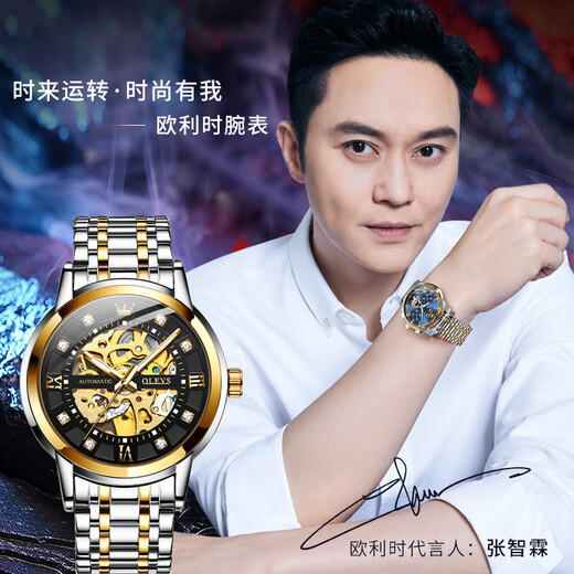 Olis Hollow Fashion Luminous wasserdichte Wachmarke Echt automatisch mechanische Uhr Vatertagsgeschenk für meinen Mann Steel Belt Full Schwarz
