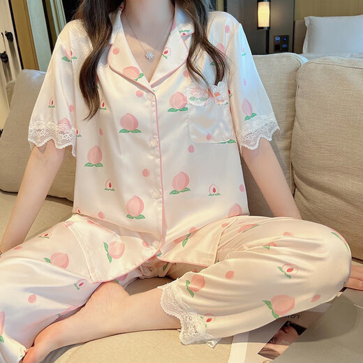 蕉内（Bananain）春夏冰丝绸睡衣女薄款短袖长裤甜美花朵高级感宽松外穿家居服套装 829如图长袖长裤 M 【建议80-100斤】