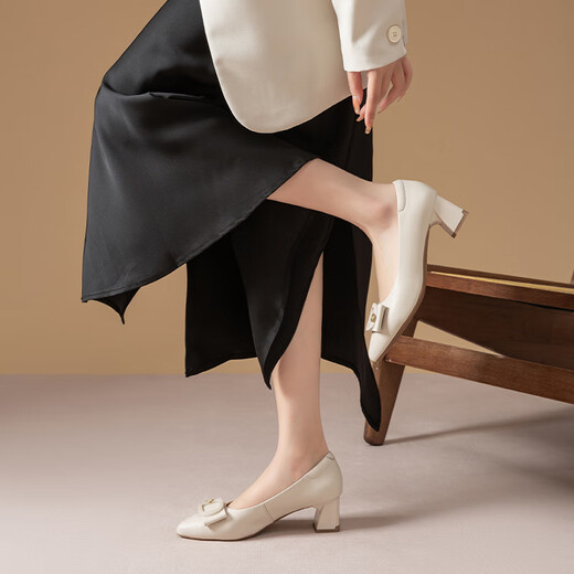 Red Dragonfly Leap Moon Shoes High Heels 25 Spring Thick Heels Women's Shoes Pointed toe Workplace Small Leather Shoes Single Shoes WLB15124 Beige White 36