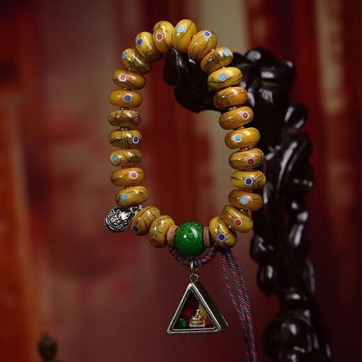 CHAUIYIN FAO Yin Tibetan Return Duobao Inlaid Pills Bead Bracelet Single-ring Cat Eye Stone Glass Accessories Yak Bone Inscription Bracelet A 13565mm