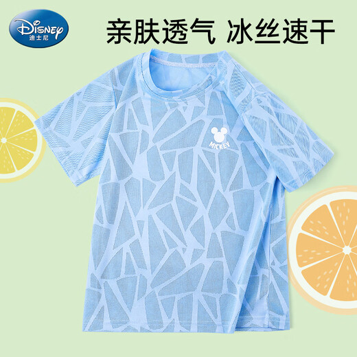 迪士尼儿童夏上衣男童冰丝短袖新网眼T恤薄款速干衣PBZPL3161 蓝 140