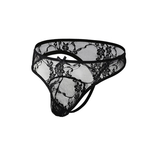 Y Men's Lace Underwear Sexy Bow Tie Panties Temptation Low Waist Transparent Men's Thong M Black
