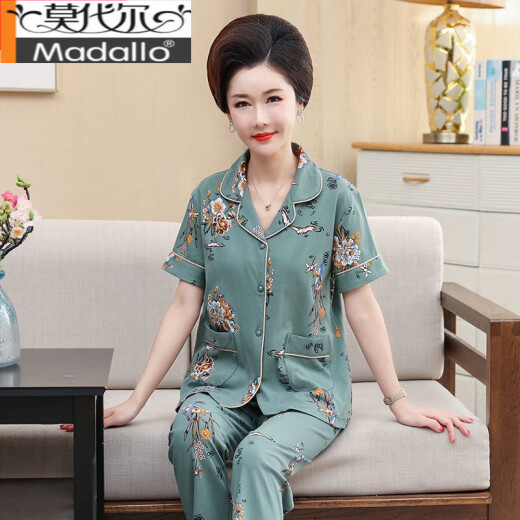 莫代尔中老年人妈妈睡衣女夏季纯棉短袖长裤中年女士开衫套装薄款家居服 YR9928 M 【建议75-95斤】