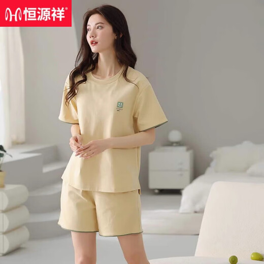 恒源祥睡衣女夏季纯棉短袖短裤简约休闲全棉薄款可外穿家居服套装 Z9853 M 建议80-100斤