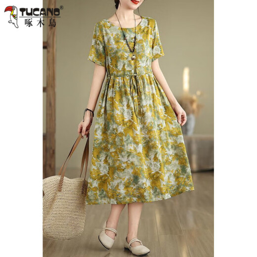 Vestido de algodón estampado de carpintero y lino de lino para mujeres Summer suelto de tamaño de cintura de tamaño de D para hacer lino casual y elegante estilo gris de longitud media XL recomendado 126-141Jin [Jin equivale a 0.5 kg]