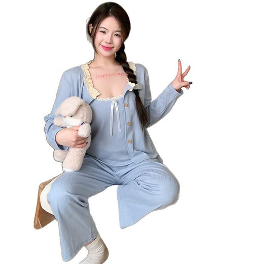 荣西图（RONGXITU）棉睡衣女带胸垫吊带三件套韩版甜美ins风家居服 S681#米白 180 XL