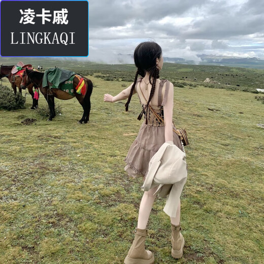 Lingka Qi robe à bretelles imprimée rétro taille fraîche bretelles en dentelle amincissante petite robe en maille bouffante jupe à bretelles blanche (jupe rétro) 1098 S