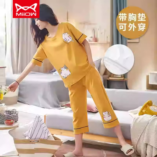 猫人 MIIOW带胸垫睡衣女士夏季可爱大码薄款短袖七分裤春秋套装春夏天家居服 短袖七分裤【带胸垫】Y2603 3XL