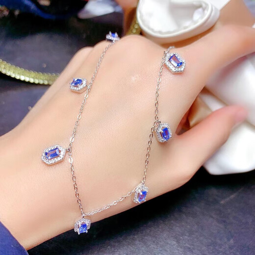 IosnIOSN925 sterling silver inlaid with natural tanzanite pendant necklace sapphire color extended clavicle chain simple gift