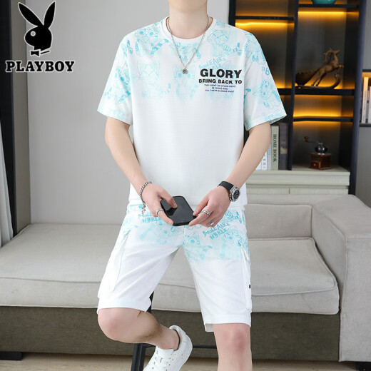 Playboy (PLAYBOY) 2025 summer new short-sleeved suit for men teenagers versatile shorts casual sports two-piece set gradient color men's clothing 6187 blue M