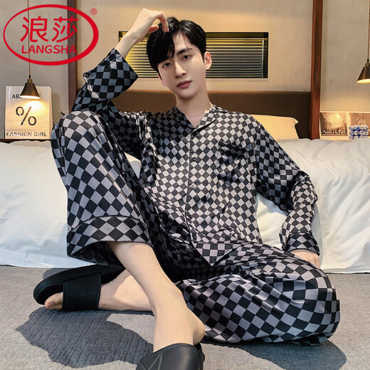 Langsha (Langsha) Light Luxury Men's Pajamas Spring y Autumn Silk Silk Slewer Long Sailers se adapta a la ropa de verano de los hombres, la ropa de la casa del arroz gris L (100-125 Jin [Jin iguala 0.5 kg])