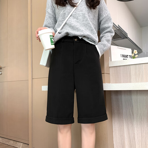 CamalgOri winter five-point woolen shorts for women, thickened outer wear, high waist, versatile, fat mm size, small straight hemmed mid-pants for women, brown L