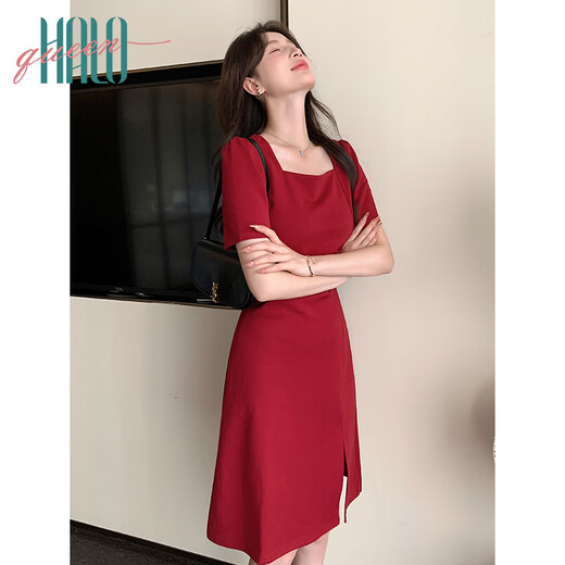 Halo Queen Red Vestido de manga corta para mujeres Summer de collar francés Vestido de compromiso Vacaciones Falda roja H52Q024