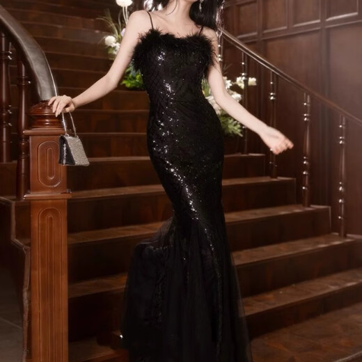 姿三彩艺考生时尚礼服闪片生日宴会主持人演出走秀渐变星光婚纱晚礼服 黑色 XS