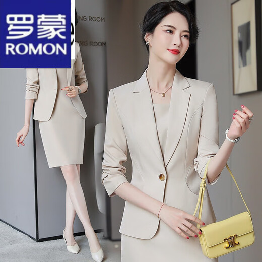 ROMON Light Luxury Women's Pink Business Wear Small Suit Suit Women's High-end Spring and Autumn Wear Small Jacket Temperament Suit Blue Suit + Dress M