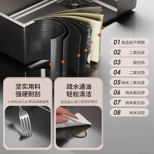 OULIN sink gun gray large single tank kitchen SUS304 stainless steel handmade basin sink sink vegetable sink table middle and lower rice grain embossed 68*45+ small waist pull-out faucet cover