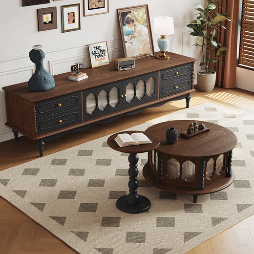 
Harmony Dujiang French retro solid wood TV cabinet coffee table medieval style combination small living room floor-standing storage cabinet 2 Minoson TV cabinet walnut color + retro black