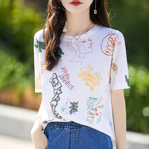 NICOLEJOLIE mulberry silk short-sleeved T-shirt for women 2025 summer new casual and fashionable design sense silk horse home printed top trendy portrait print 835 M