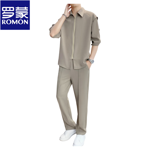 罗蒙（ROMON）冰丝短袖衬衫套装男士夏季休闲轻熟痞帅搭配垂感抗皱西裤男装一套 718卡其色(中袖套装) 2XL 145-160斤