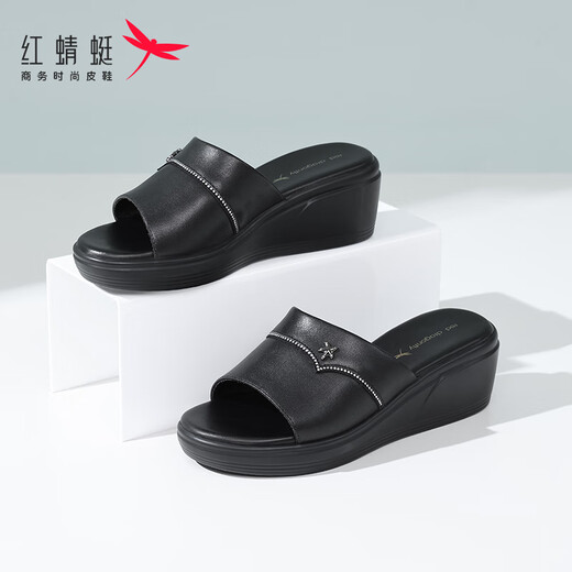 红蜻蜓拖鞋女厚底夏季真皮一字拖家居厚底增高水钻外穿皮拖鞋妈妈凉拖鞋 黑色（跟高6cm） 35