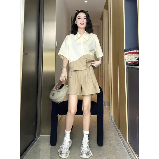 Jingpufei Couleur contrastée Polo à manches courtes Polo Twip Tipy Set Fashion Design Niche Trend 9761 Kaki Two-Pice Set M [Recommandé 100 Jin [Jin est égal à 0,5 kg] en dessous]