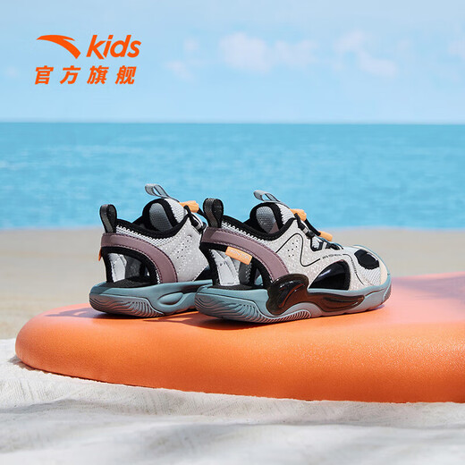 Anta children's sandals for men and women, beach shoes for summer, toe-toe, breathable, comfortable, soft-soled outdoor shoes, Mai Qiao gray/mud lime/dust purple-1 28