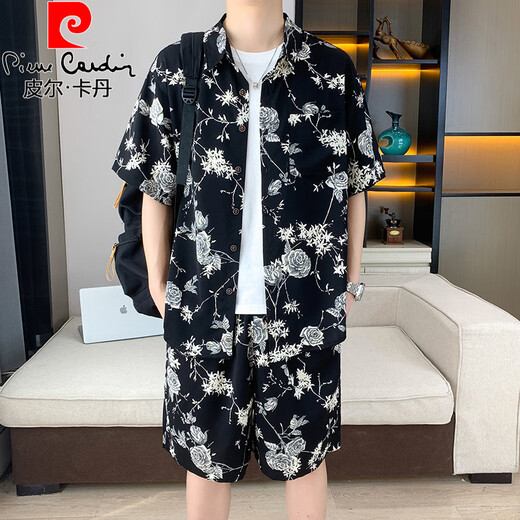 皮尔卡丹（pierre cardin）夏季冰丝短袖衬衫套装男休闲痞帅碎花半袖衬衣搭配沙滩短裤两件套 679米白套装 M 90-110斤