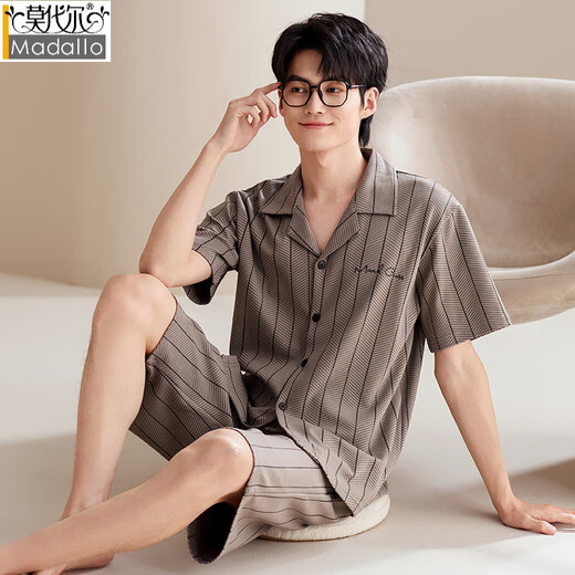 莫代尔睡衣男款男士夏季纯棉2025新款短袖大码夏天蓝色居家居服套装夏款 YD-LMSJ9227 绿色英文口袋 翻领 4XL