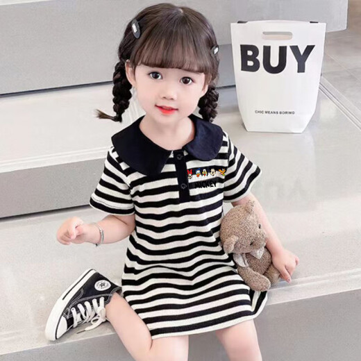 
COLORFUL GEMS girls summer dress 2-3 new style children's Korean style fashion baby summer POLO skirt children's summer skirt black and white TX9207 dress 80 small